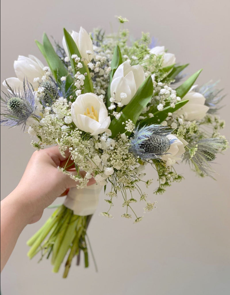 Round White Tulips Bridal Bouquet - Korean Style