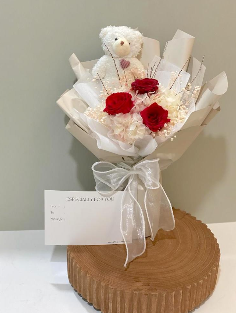 Soft Toy Bouquet - 3 Preserved Roses