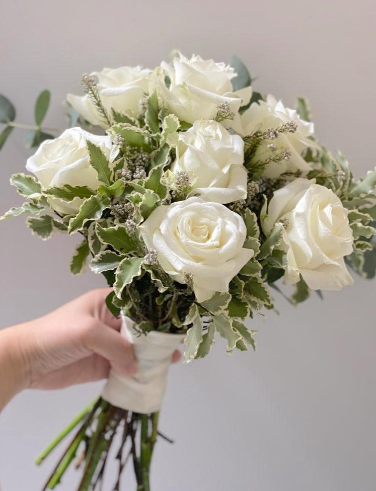 Round White Roses Bridal Bouquet - Garden Style