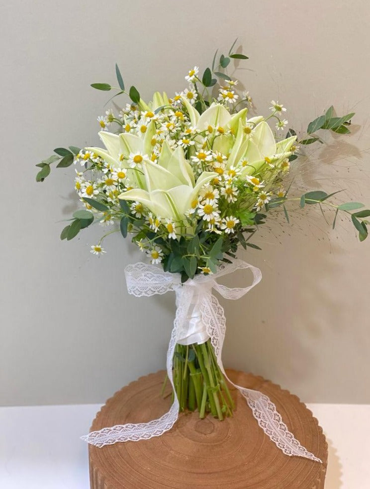 Hand Tied White Lilies Bridal Bouquet - Garden Style