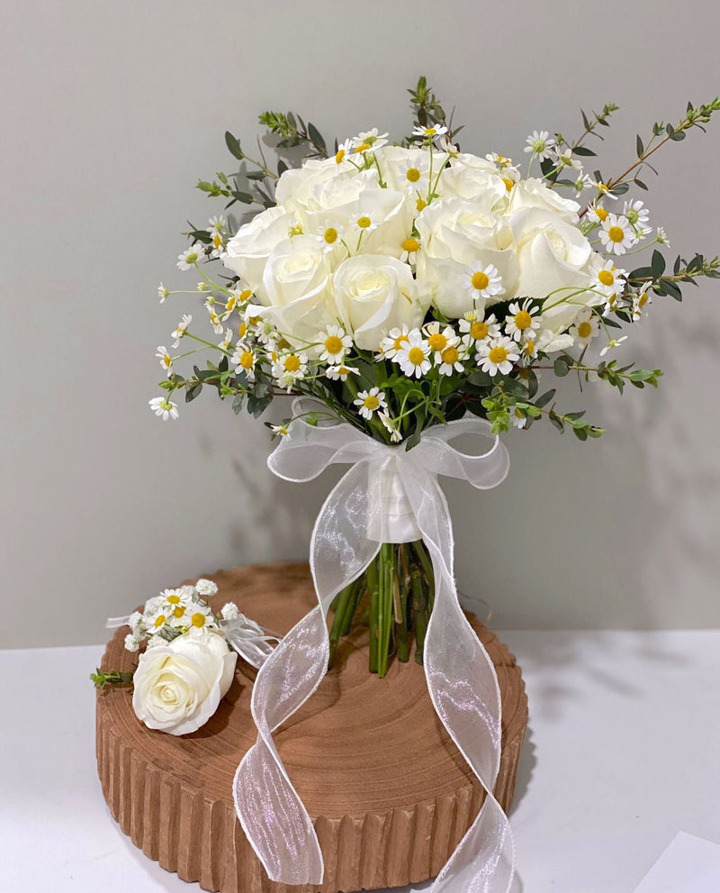 White Roses Bridal Bouquet Package - Garden Style